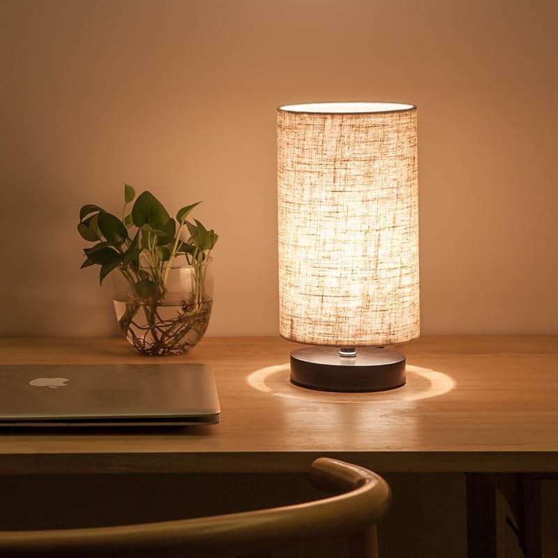 lifeholder Table Lamp, Bedside Nightstand Lamp, Simple Desk Lamp, Fabric Wooden Table Lamp for Bedroom Living Room Office Study, Cylinder Black Base - Image 5