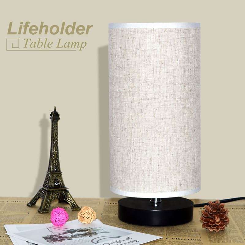 lifeholder Table Lamp, Bedside Nightstand Lamp, Simple Desk Lamp, Fabric Wooden Table Lamp for Bedroom Living Room Office Study, Cylinder Black Base - Image 8