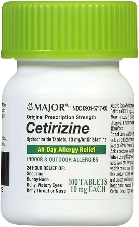 MAJOR Cetirizine Hydrochloride Tablets - 24 Hour Indoor and Outdoor Allergy Relief for Sneezing, Watery Eyes, Itchy Throat or Nose - 10mg - 100 Count (1 Pack) - Image 1