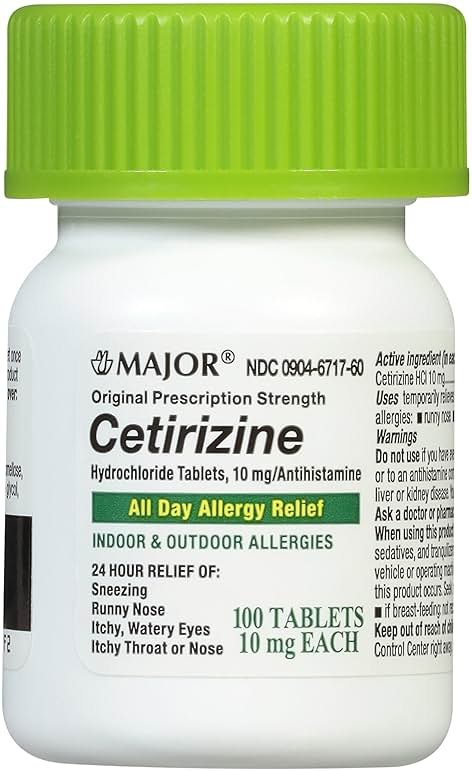 MAJOR Cetirizine Hydrochloride Tablets - 24 Hour Indoor and Outdoor Allergy Relief for Sneezing, Watery Eyes, Itchy Throat or Nose - 10mg - 100 Count (1 Pack) - Product Image