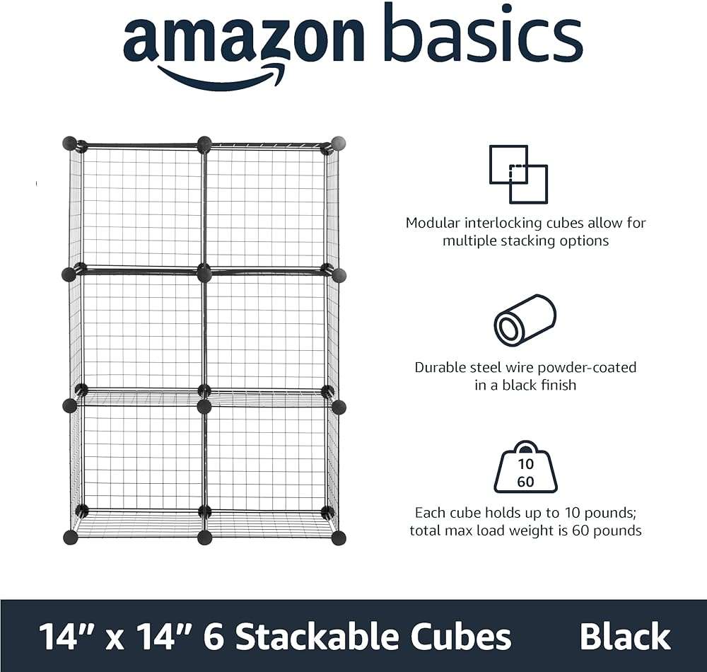 Amazon Basics 6 Cube Wire Grid Storage Organizer, Stackable Cubes, Cubby Bookcase, Display Shelf, 14" D x 14" W x 14" H, Black - Image 3