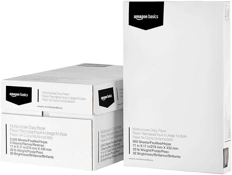Amazon Basics Multipurpose Copy Printer Paper, 20 lb, 11 x 17 Inches, 5 Reams (2,500 Sheets), 92 Bright White - Image 1