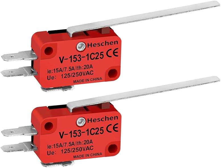 Heschen Micro Switch, V-153-1C25, SPDT, Long Hinge Lever, 20A 250VAC, 2 Pack - Image 1