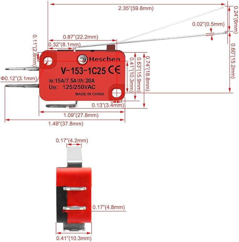 Heschen Micro Switch, V-153-1C25, SPDT, Long Hinge Lever, 20A 250VAC, 2 Pack - Image 2
