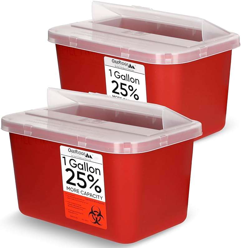 Oakridge Products Large Sharps Container for Home Use and Professional 1 Gallon (2-Pack), Biohazard Needle and Syringe Disposal, Pop Up Lid, CDC Certified - Image 1