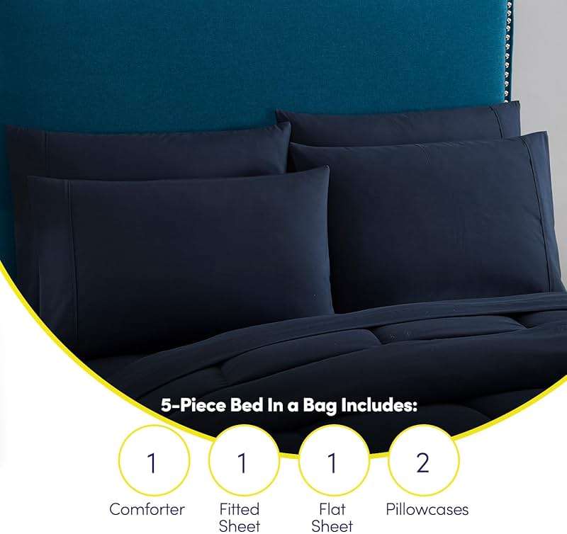 Sweet Home Collection 5 Piece Comforter Set Bag Solid Color All Season Soft Down Alternative Blanket & Luxurious Microfiber Bed Sheets, Navy, Twin - Image 6