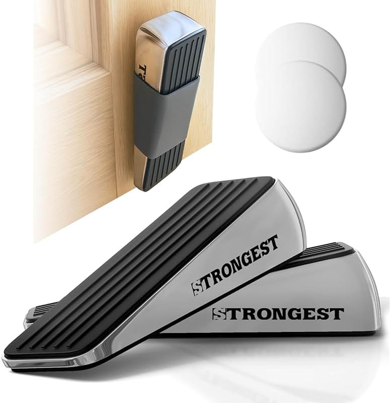 STRONGEST HOME Door Stoppers for Bottom of Door – Heavy Duty Metal Rubber Stopper, Non-Slip Door Stop for Heavy Doors, Works on Wood, Tile & Carpet Floors, Wedge Chrome 2 PCs + 2 White Wall Protectors - Product Image