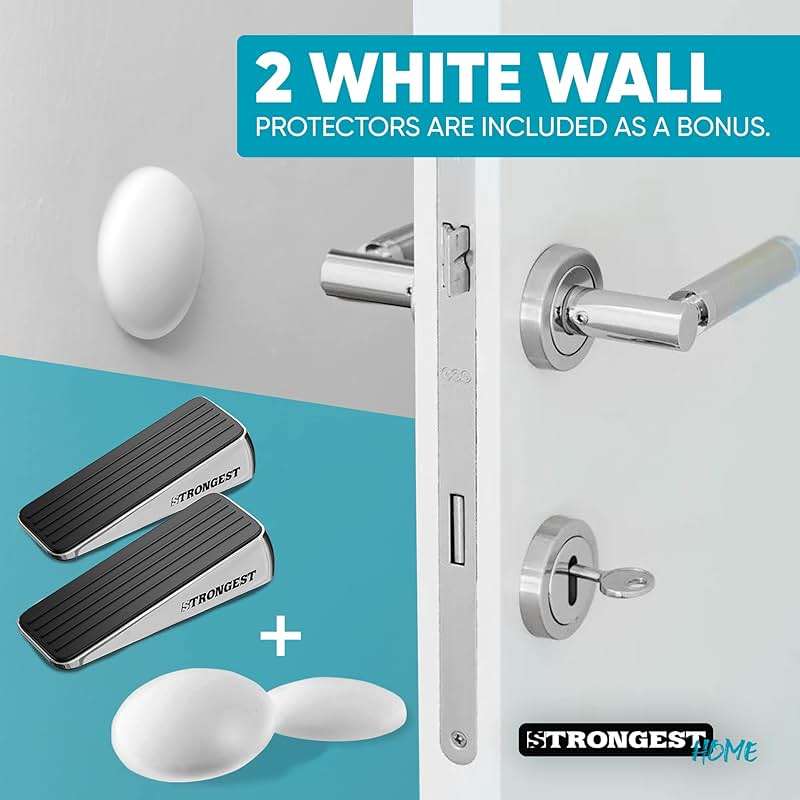 STRONGEST HOME Door Stoppers for Bottom of Door – Heavy Duty Metal Rubber Stopper, Non-Slip Door Stop for Heavy Doors, Works on Wood, Tile & Carpet Floors, Wedge Chrome 2 PCs + 2 White Wall Protectors - Image 5
