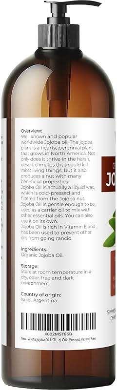 velona Jojoba Oil USDA Certified Organic - 32 fl oz (With Pump) | 100% Pure and Natural | Golden, Unrefined, Cold Pressed, Hexane Free | Moisturizing Face, Hair, Body, Skin Care - Image 3