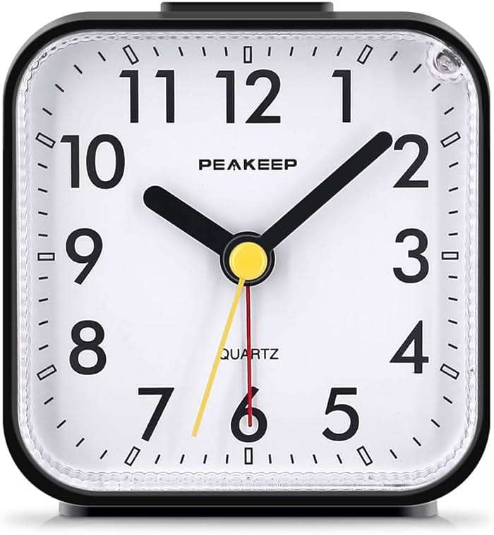 Peakeep Small Battery Operated Analog Travel Alarm Clock Silent No Ticking, Lighted on Demand and Snooze, Beep Sounds, Gentle Wake, Ascending Alarm, Easy Set (Black) - Image 1