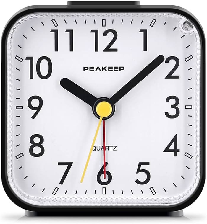 Peakeep Small Battery Operated Analog Travel Alarm Clock Silent No Ticking, Lighted on Demand and Snooze, Beep Sounds, Gentle Wake, Ascending Alarm, Easy Set (Black) - Product Image