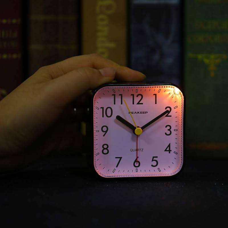 Peakeep Small Battery Operated Analog Travel Alarm Clock Silent No Ticking, Lighted on Demand and Snooze, Beep Sounds, Gentle Wake, Ascending Alarm, Easy Set (Black) - Image 2