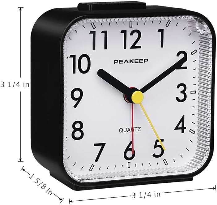 Peakeep Small Battery Operated Analog Travel Alarm Clock Silent No Ticking, Lighted on Demand and Snooze, Beep Sounds, Gentle Wake, Ascending Alarm, Easy Set (Black) - Image 3