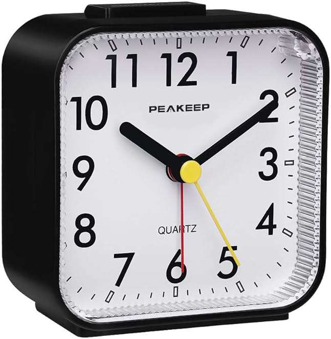 Peakeep Small Battery Operated Analog Travel Alarm Clock Silent No Ticking, Lighted on Demand and Snooze, Beep Sounds, Gentle Wake, Ascending Alarm, Easy Set (Black) - Image 4