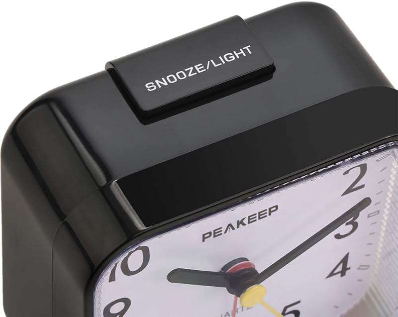 Peakeep Small Battery Operated Analog Travel Alarm Clock Silent No Ticking, Lighted on Demand and Snooze, Beep Sounds, Gentle Wake, Ascending Alarm, Easy Set (Black) - Image 5