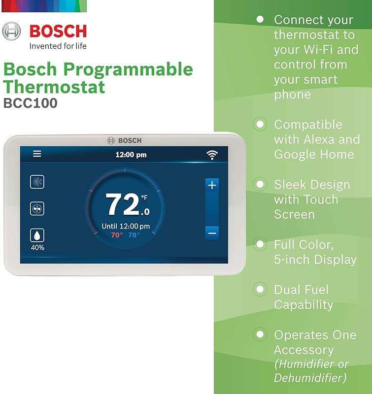 Bosch Large 5-Inch Full-Color Touch Screen Sleek Easy Setup Connected Control Smart Phone Wi-Fi Thermostat for 24V HVAC Systems with Bosch Connected Control App - Image 3