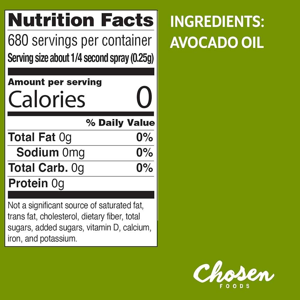 Chosen Foods 100% Pure Avocado Oil Spray 4.7 oz. (6 Pack), Non-GMO, 500° F Smoke Point, Propellant-Free, Air Pressure Only for High-Heat Cooking, Baking and Frying - Image 2