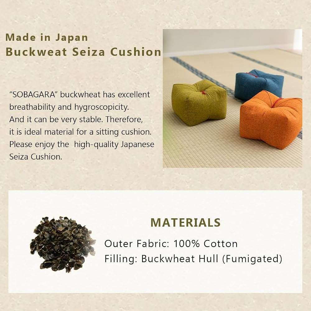 EMOOR Japanese Buckwheat Hulls Seiza Cushion Large 10x10x7in Made in Japan (Hemp Leaves Red), Natural Buckwheat Husks Sobagara Floor Sitting Pillow Tatami Cool Nap Side Sleepers - Image 3