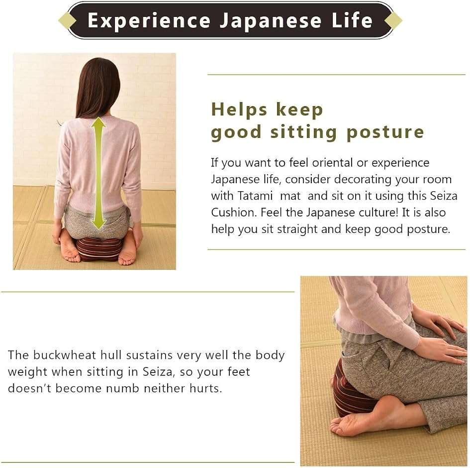 EMOOR Japanese Buckwheat Hulls Seiza Cushion Large 10x10x7in Made in Japan (Hemp Leaves Red), Natural Buckwheat Husks Sobagara Floor Sitting Pillow Tatami Cool Nap Side Sleepers - Image 4