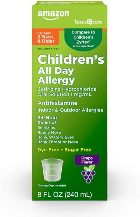 Amazon Basic Care 24 Hour Allergy Relief for Children, Cetirizine Hydrochloride Oral Solution 1 mg/mL, Grape Flavor, Dye Free, 8 fl oz (Pack of 1) - Image 1
