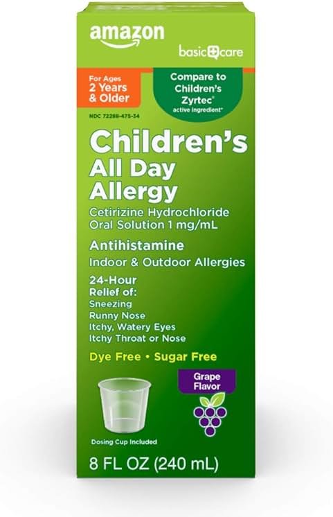 Amazon Basic Care 24 Hour Allergy Relief for Children, Cetirizine Hydrochloride Oral Solution 1 mg/mL, Grape Flavor, Dye Free, 8 fl oz (Pack of 1) - Product Image
