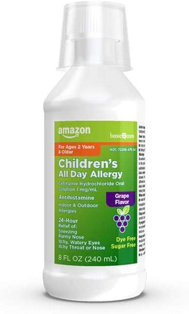 Amazon Basic Care 24 Hour Allergy Relief for Children, Cetirizine Hydrochloride Oral Solution 1 mg/mL, Grape Flavor, Dye Free, 8 fl oz (Pack of 1) - Image 5