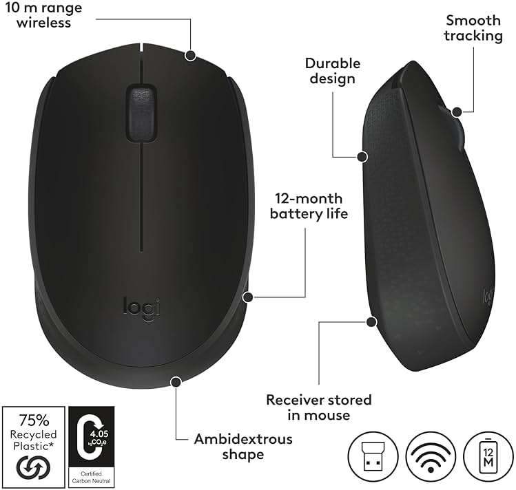 Logitech M170 Wireless Mouse for PC, Mac, Laptop, 2.4 GHz with USB Mini Receiver, Optical Tracking, 12-Months Battery Life, Ambidextrous - Black - Image 7