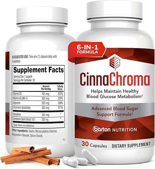 CinnaChroma Capsules - Cinnamon Supplements with 10:1 Extract, Chromium, Vanadium, Selenium, Vitamin D3 & K2 - Natural Sugar Blocker - 30 Capsules, 1 Month Supply - Image 1