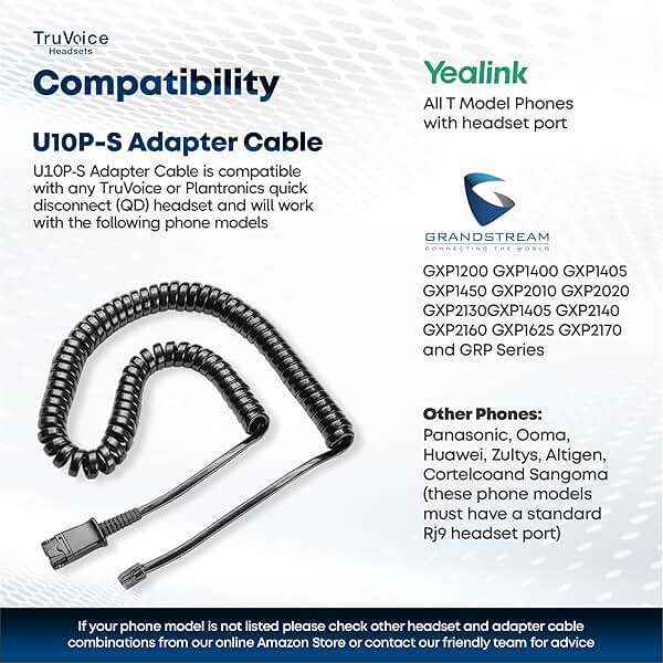 TruVoice U10P-S Adapter 38099-01 for Plantronics Quick Disconnect (QD) Headsets - RJ9 Jack is Compatible with Yealink, Grandstream, Ooma and Snom Desk Phones - Image 2