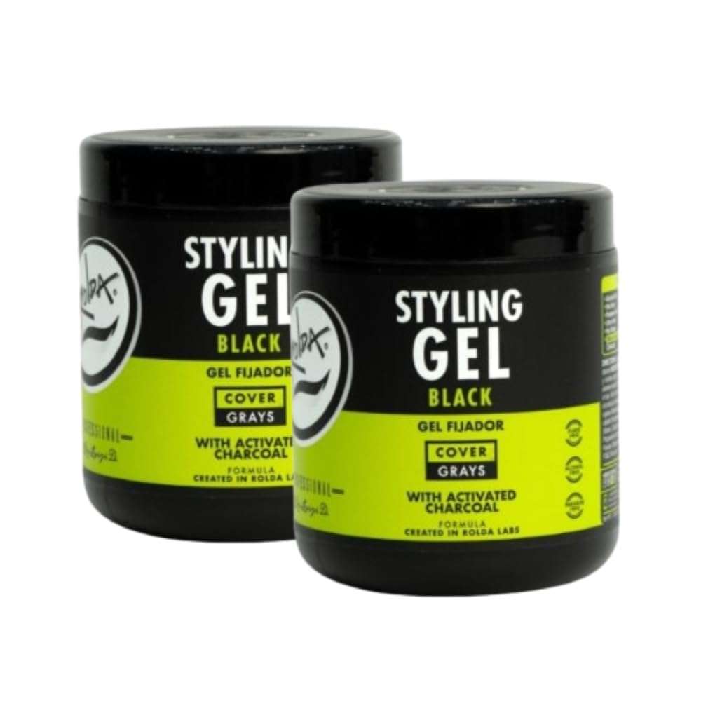 Rolda Black Styling Hair Gel - Medium To Strong Hold With Medium Shine For a Wet Slicked Back Look With All Day Hold - Activated Black Charcoal Covers Grey Hair Instantly 17.6oz (2PK) - Image 1