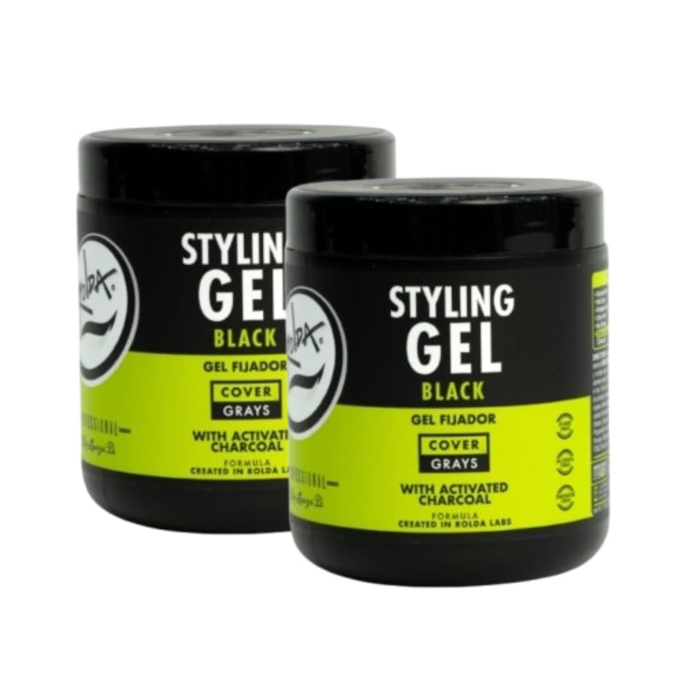 Rolda Black Styling Hair Gel - Medium To Strong Hold With Medium Shine For a Wet Slicked Back Look With All Day Hold - Activated Black Charcoal Covers Grey Hair Instantly 17.6oz (2PK) - Product Image