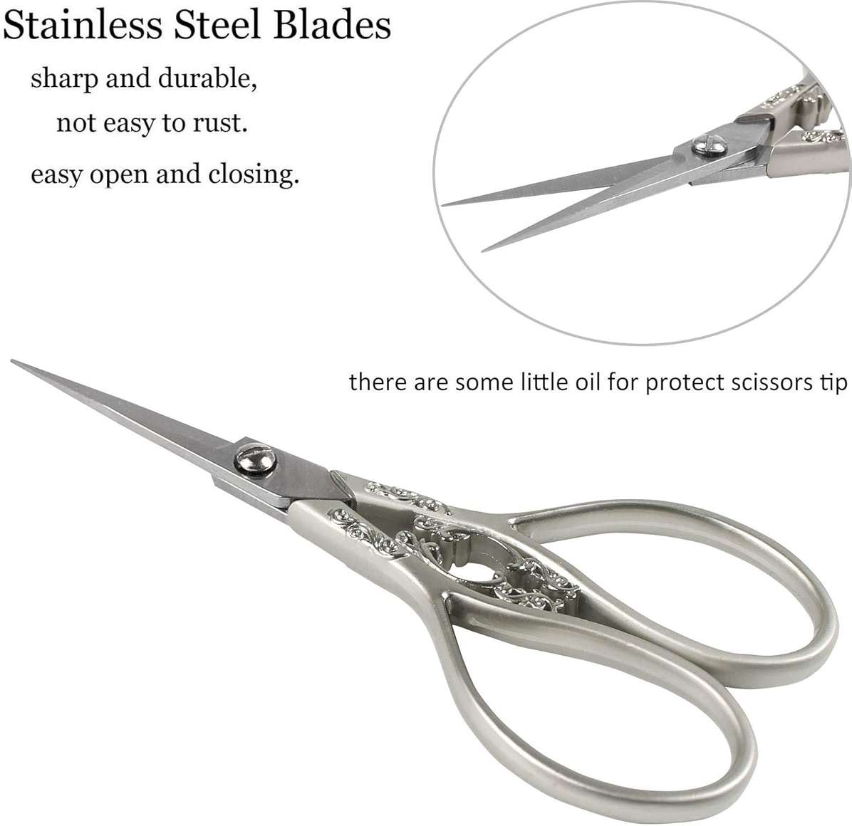 BIHRTC 4.33 Inches Vintage European Style Stainless Steel Auspicious Clouds Scissors for Needlework, Embroidery, Sewing, Craft, Art Work & Everyday Use (Light Grey) - Image 4