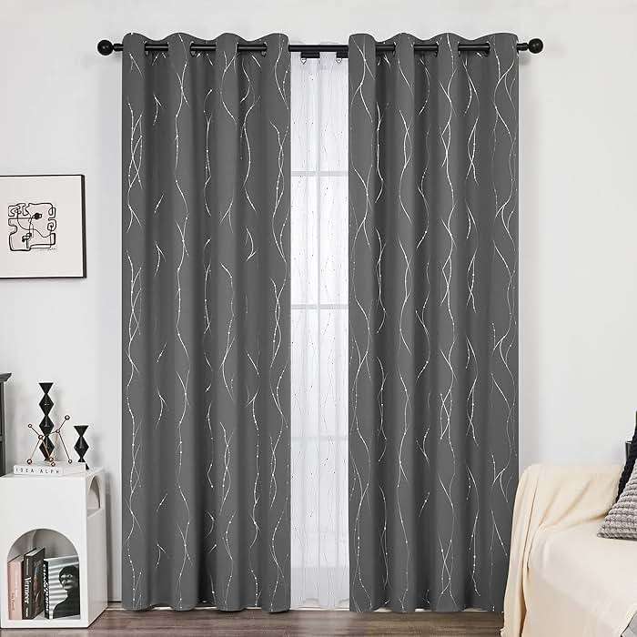 Deconovo Blackout Curtains, Grey Curtain, Thermal Insulated Soundproof Curtain Drapes, Wave Dot Foil Print, 52 x 84 Inch, 2 Panels, Machine‑Washable Privacy Window Drape for Bedroom Living Room Office - Image 2