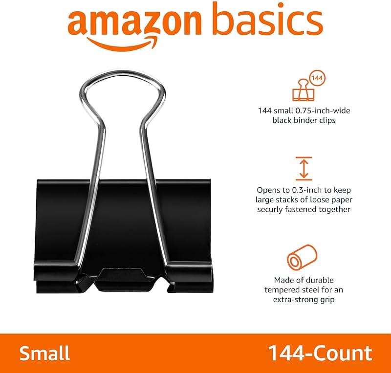 Amazon Basics Sturdy Binder Clips, Office Supplies, Small 0.75 in, Document Organizing, School Supplies, Black, 144 Count - Image 4