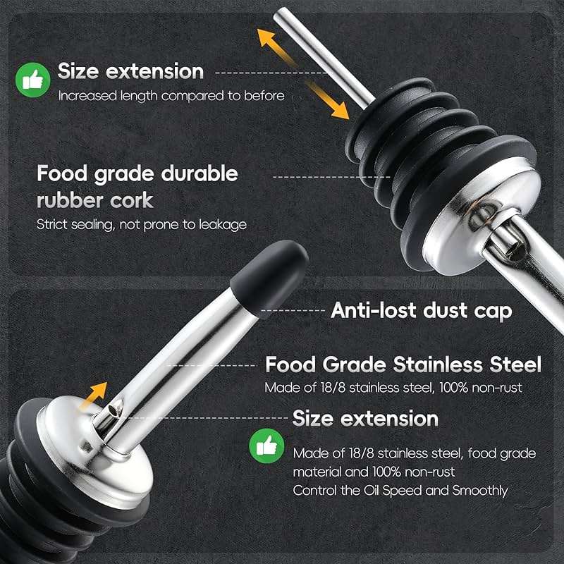 AOZITA 12 Pack Classic Bottle Pourers, Stainless Steel Liquor Pour Spouts Tapered Spout - Liquor Pourers with Rubber Dust Caps for Alcohol, Olive Oil,Bar Bartender Accessories - Image 4