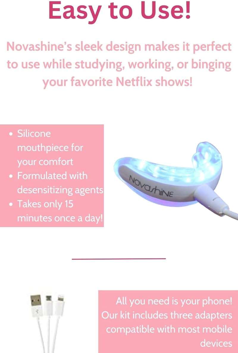 Novashine Professional Teeth Whitening Kit: Advanced Blue LED Light, Concentrated Peroxide Gel, Smartphone Adapter, Travel Bag - Image 5