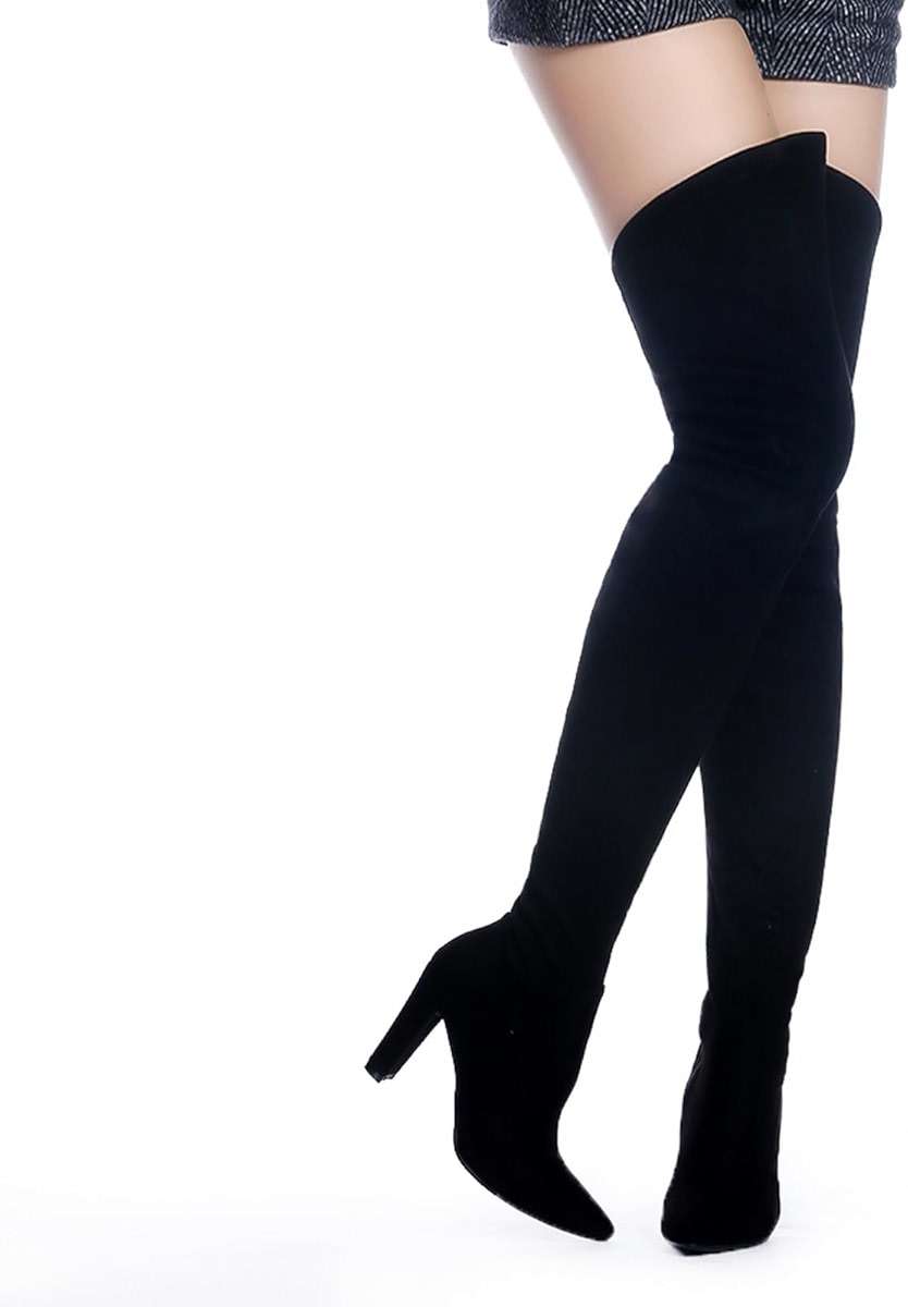 Shoe'N Tale Women Stretch Suede Chunky Heel Over The Knee Boots Thigh High for Women - Image 3