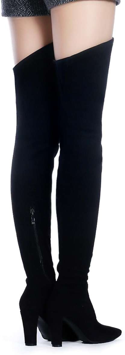 Shoe'N Tale Women Stretch Suede Chunky Heel Over The Knee Boots Thigh High for Women - Image 4