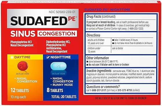 Sudafed PE Sinus Congestion Day + Night Maximum Strength Decongestant & Antihistamine Tablets with Phenylephrine HCl & Diphenhydramine HCl, Helps Nasal & Sinus Pressure & Congestion, 20 ct - Image 7