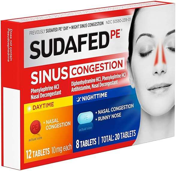 Sudafed PE Sinus Congestion Day + Night Maximum Strength Decongestant & Antihistamine Tablets with Phenylephrine HCl & Diphenhydramine HCl, Helps Nasal & Sinus Pressure & Congestion, 20 ct - Image 8