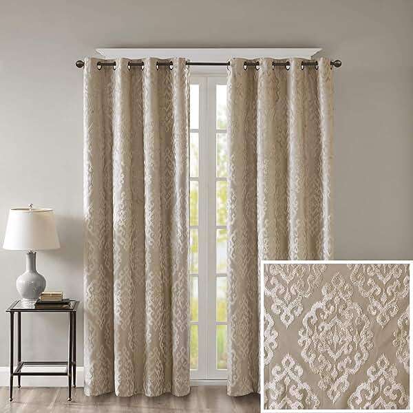 Sun Smart Mirage 100% Total Blackout Single Window Curtain, Knitted Jacquard Damask Room Darkening Curtain Panel with Grommet Top 50 x 84 in, Champange - Image 1