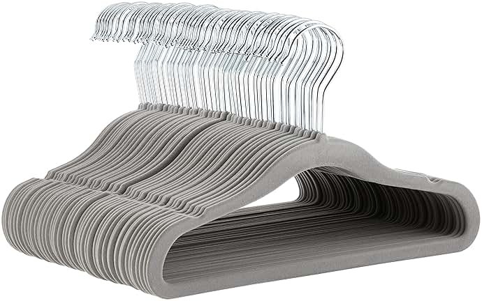 Amazon Basics Kids Space Saving Velvet Non-Slip Clothes Hangers with Shoulder Notches for Infant and Toddler, Sturdy, 11.6", Gray, 50-Pack - Product Image