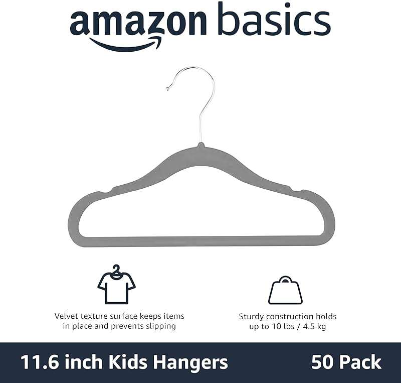 Amazon Basics Kids Space Saving Velvet Non-Slip Clothes Hangers with Shoulder Notches for Infant and Toddler, Sturdy, 11.6", Gray, 50-Pack - Image 3