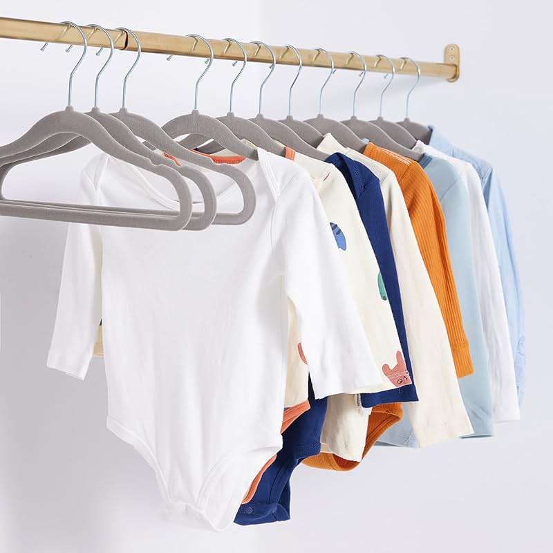 Amazon Basics Kids Space Saving Velvet Non-Slip Clothes Hangers with Shoulder Notches for Infant and Toddler, Sturdy, 11.6", Gray, 50-Pack - Image 5