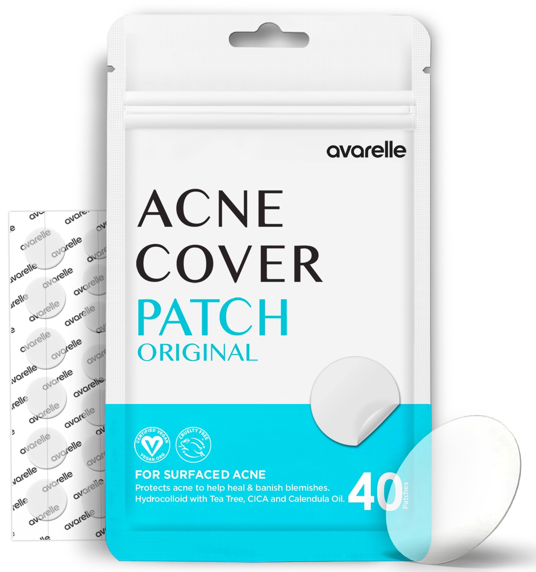 AVARELLE Cover Patches (40 Count) Absorbing Hydrocolloid Spot Cover with Tea Tree Oil, Calendula Oil and Cica, Certified Vegan, Cruelty Free - Product Image