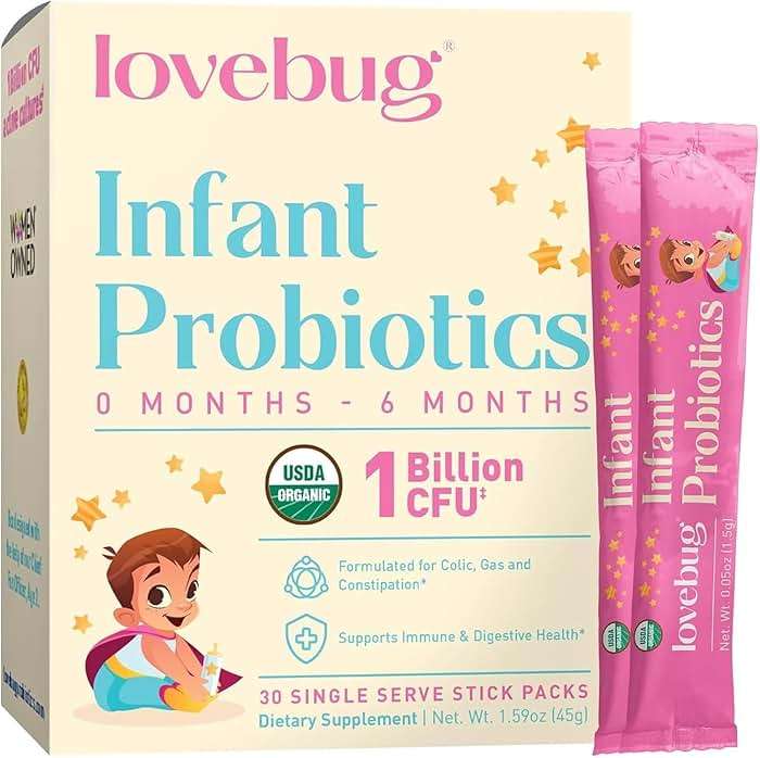 LOVEBUG Infant Probiotics 0-6 Months - USDA Organic Probiotics for Babies, Supports Baby Gas, Colic, Reflux, Diarrhea and Newborn Constipation Relief, Allergen & Sugar Free, Tasteless Powder, 30 Pack - Image 1