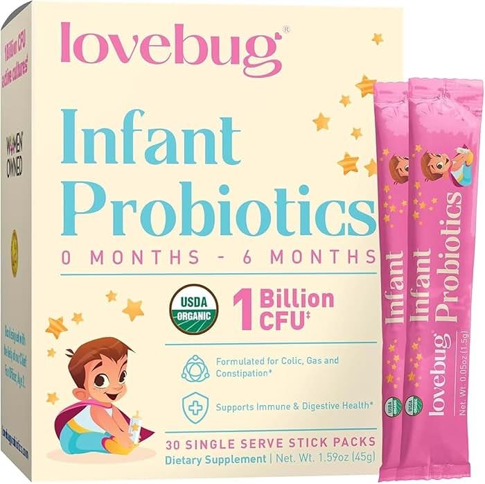 LOVEBUG Infant Probiotics 0-6 Months - USDA Organic Probiotics for Babies, Supports Baby Gas, Colic, Reflux, Diarrhea and Newborn Constipation Relief, Allergen & Sugar Free, Tasteless Powder, 30 Pack - Product Image