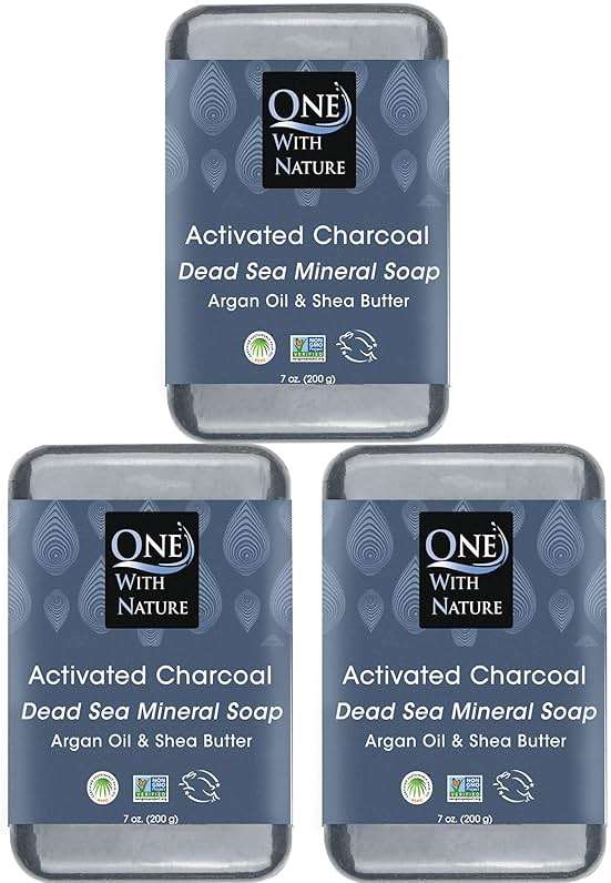 One With Nature Activated Charcoal Soap 7oz 3-Pack – Detoxifying and Exfoliating Charcoal Soap Bar with Dead Sea Salt for Face & Body, for Men & Women - Image 1