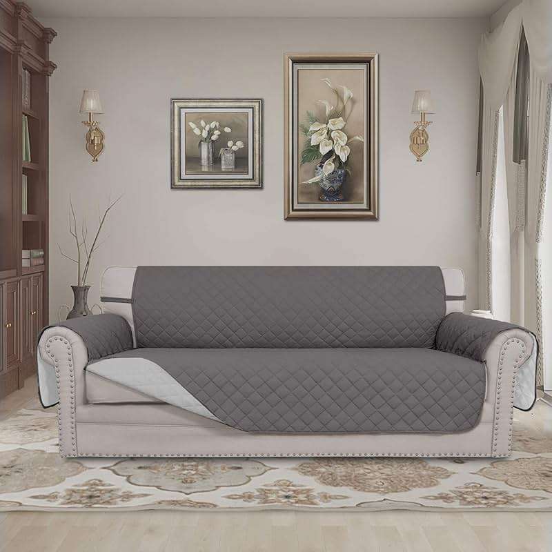 Easy-Going Reversible Couch Cover for 3 Cushion Couch Sofa Cover for Dogs Water Resistant Furniture Protector Cover with Foam Sticks Elastic Straps for Pet Cat (Sofa, Gray/Light Gray) - Image 2