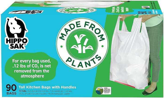 Hippo Sak - Plant Based Tall Kitchen Garbage Bags with Ergonomic Handles - 13 Gallon Trash Bags - Recyclable & Eco Friendly - Super Strong and Leak Proof Tall Kitchen Trash Bags (90 Count) - Image 1